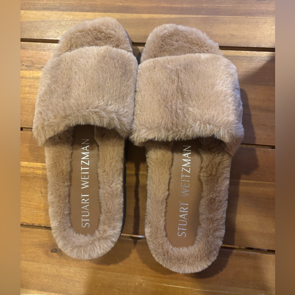 NWT Stuart Weitzman Elodie Women's Slide Sandal Size 7.5 Faux Fur Chill Camel